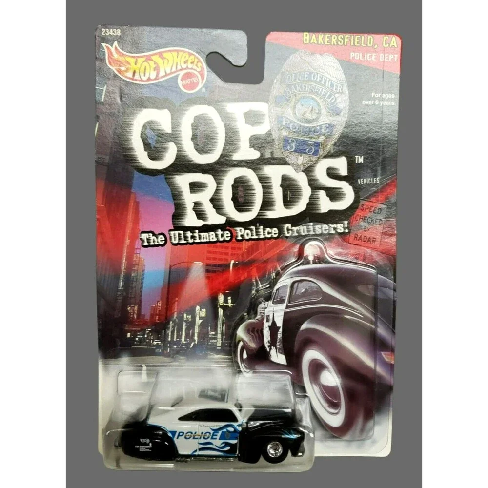 1999 Hot Wheels TAIL DRAGGER White & Back Cop Rods Bakersfield CA Police Cruiser